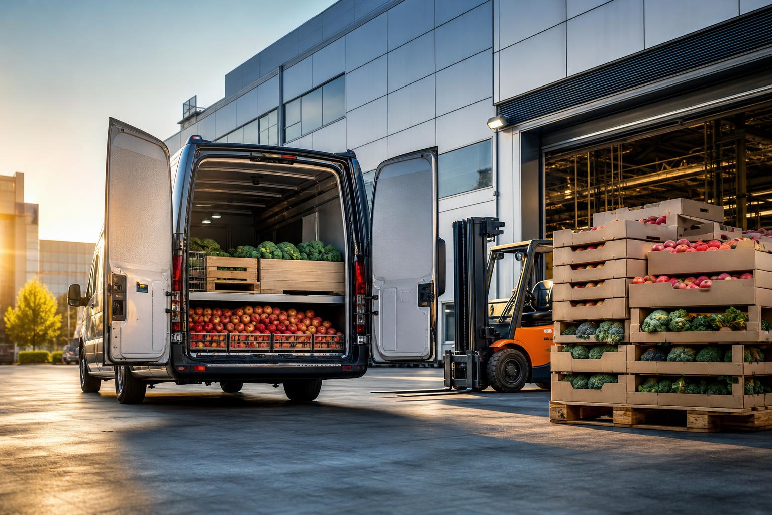 Ein moderner Lieferwagen mit offenen Heckklappen steht vor einem Logistikzentrum, beladen mit Obstkisten und Gemüsepaletten