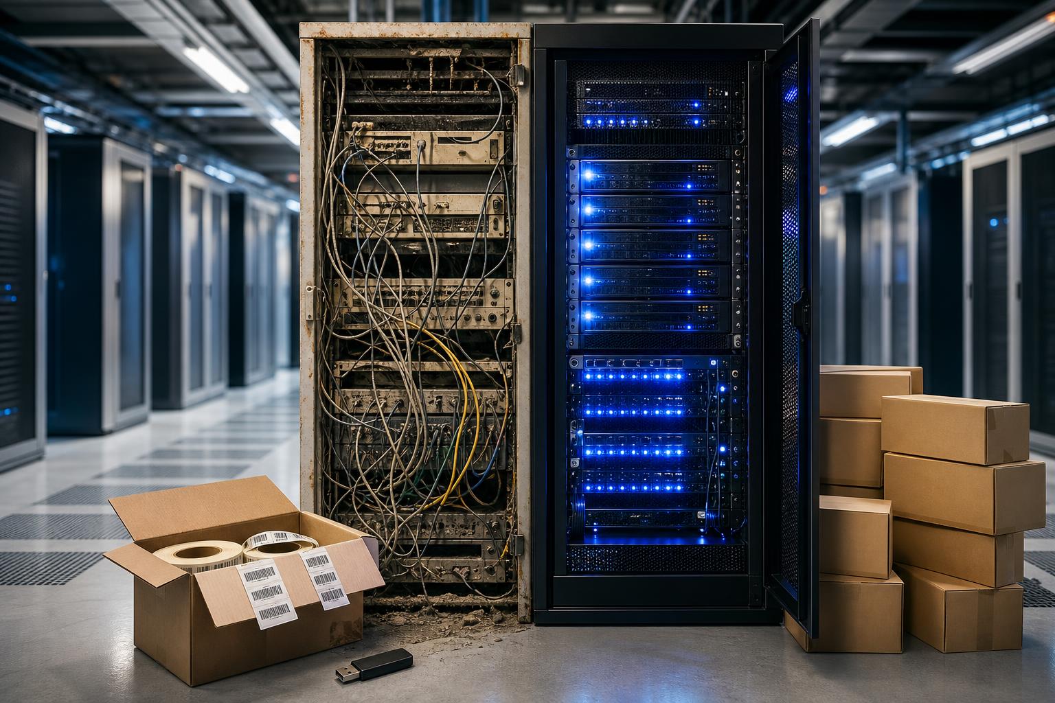 Ein veraltetes Serverrack mit verknüpften Kabeln steht neben einem modernen Rack mit blauen LEDs in einem gut beleuchteten