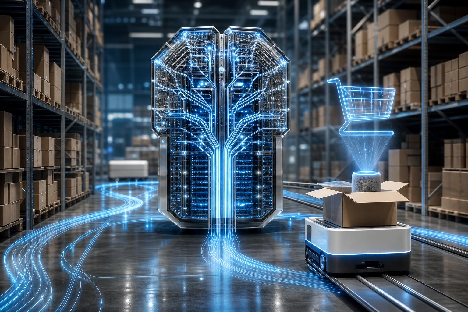 Ein silberner KI-Serverturm mit blauen Datenströmen steht in einem Logistiklager neben einem autonomen Lieferroboter mit