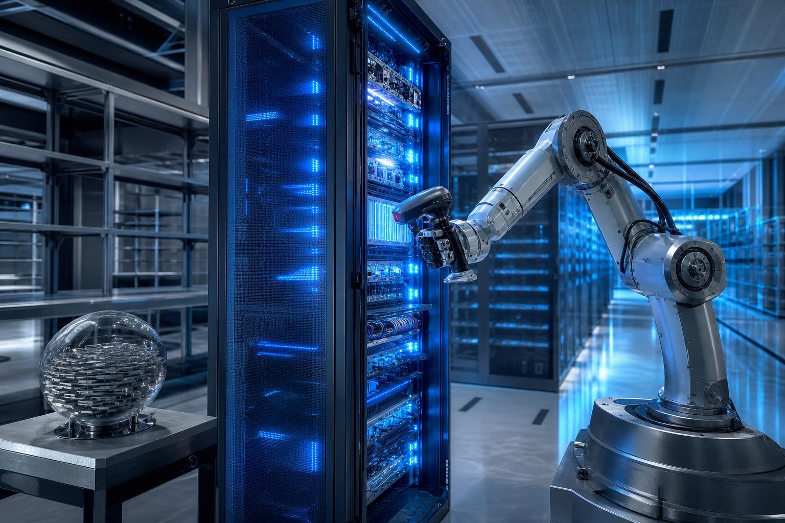 Ein industrieller Roboterarm hält einen Barcode-Scanner neben einem Server-Rack mit blauen LEDs in einem modernen