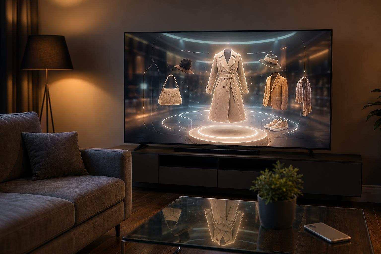 Ein 55-Zoll-Android-TV in einem Wohnzimmer zeigt ein KI-generiertes Mode-Display mit schwebenden Kleidungsstücken.