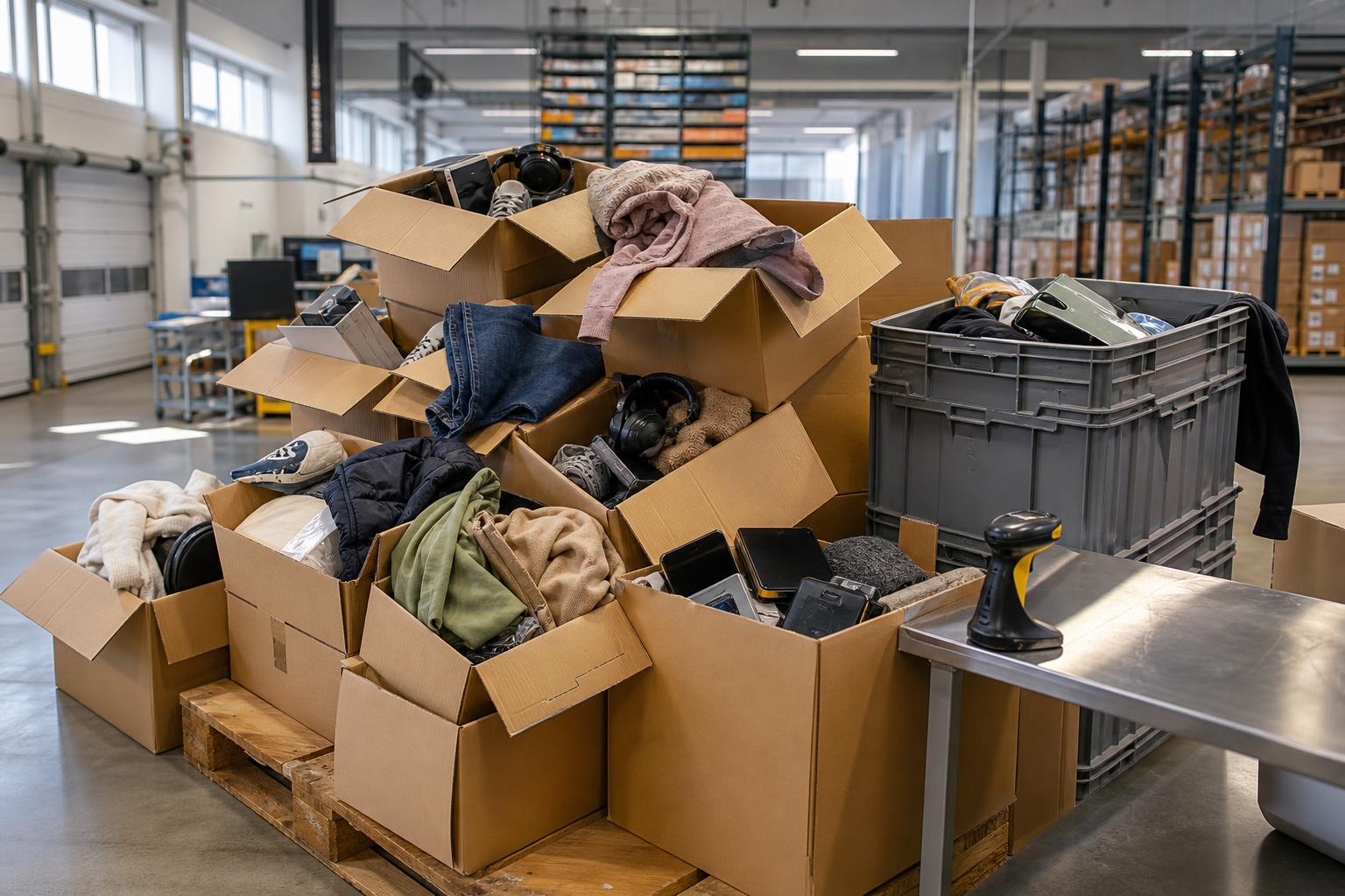 Ein Stapel geoffener Kartons mit Textilien und Elektronik liegt in einer modernen Logistikhalle, daneben stehen