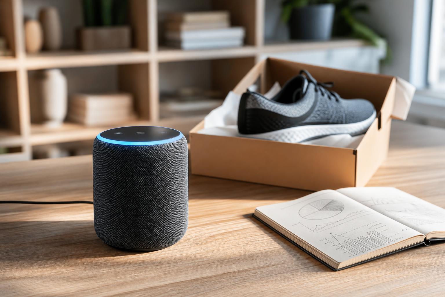Ein moderner Smart-Speaker mit blauem Licht steht auf einem hellen Holzschreibtisch neben einer geöffneten Schuhbox und