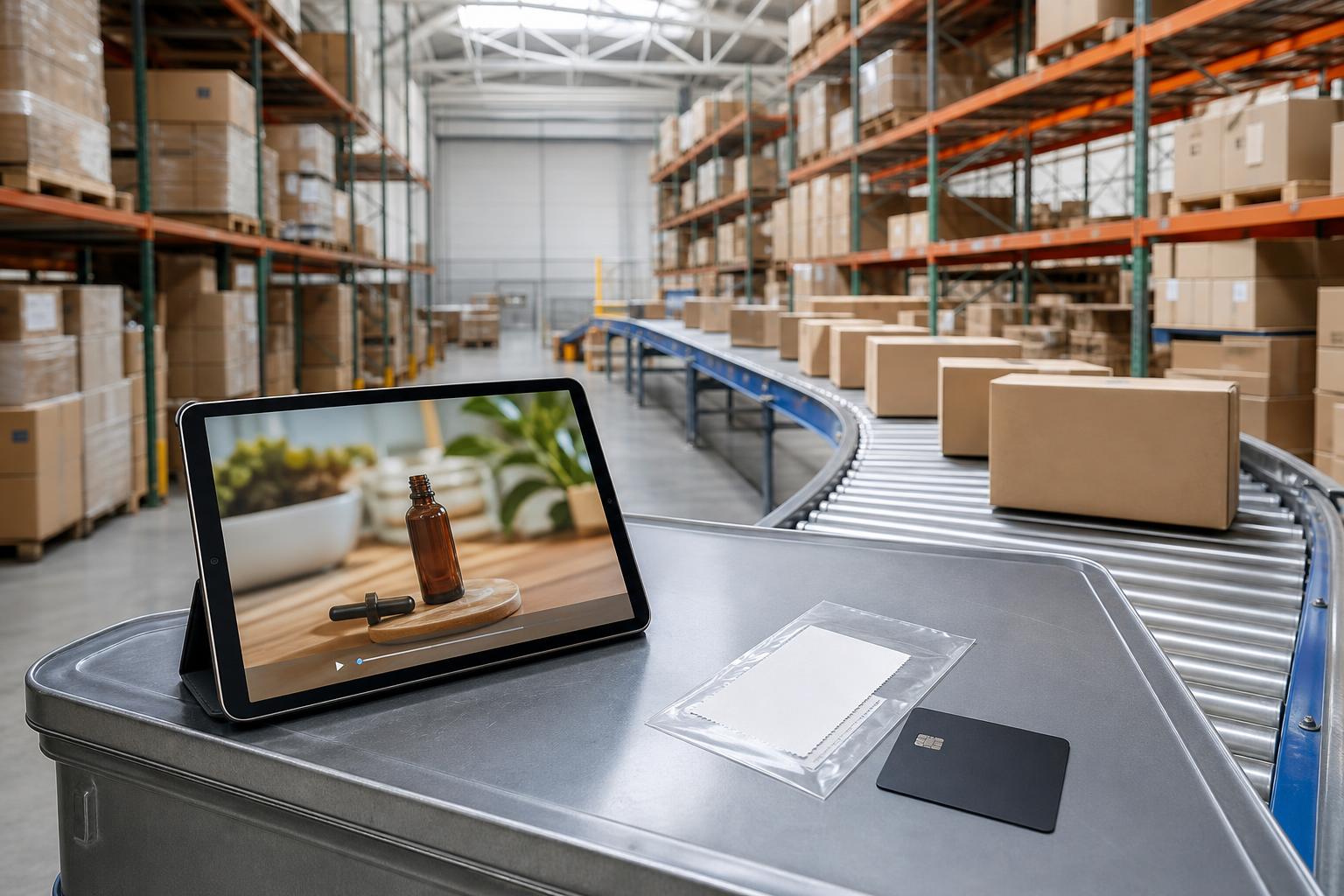 Ein moderner Logistikraum mit hohen Regalen voller Versandkartons, einem Förderband mit einem Tablet, das ein Video