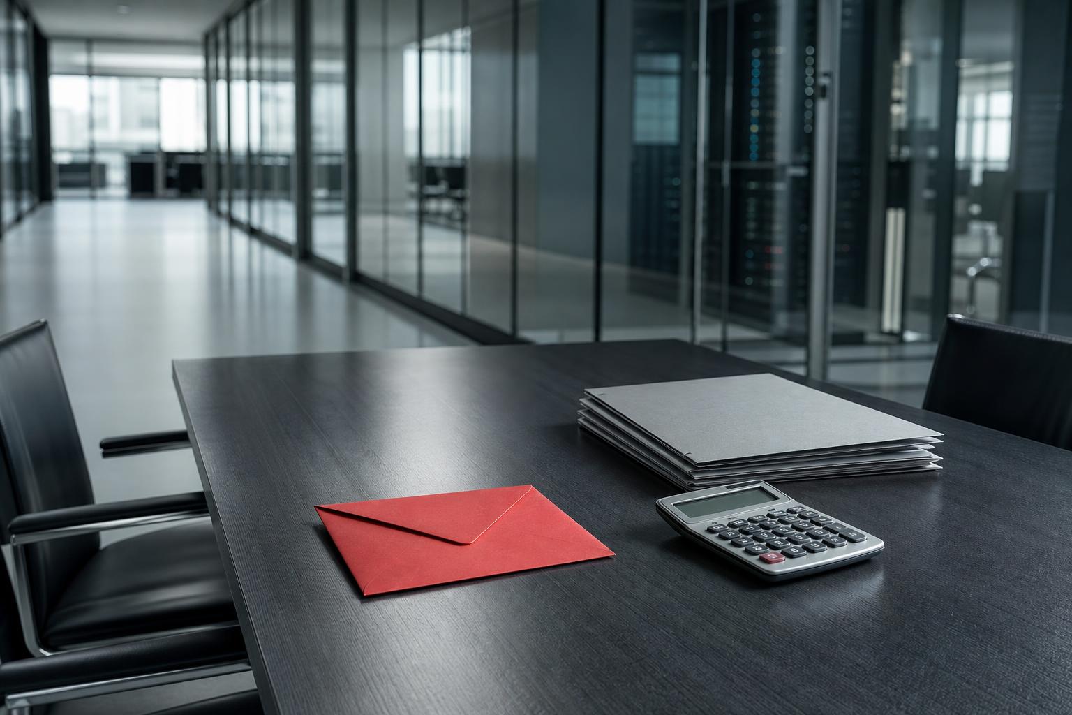 Ein dunkler Tisch mit einem roten Umschlag, einem Taschenrechner und Aktenordnern in einem leeren Büro mit Glaswänden und