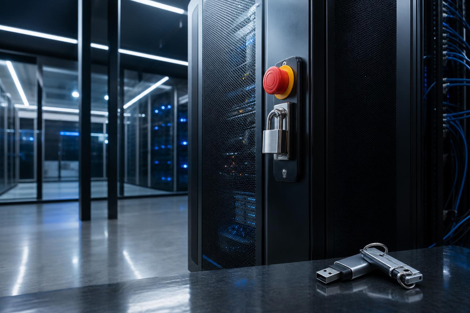 Ein Server-Rack mit Not-Stop-Knopf und Vorhängeschloss sowie ein verschlossener USB-Stick in einem modernen Datenzentrum.