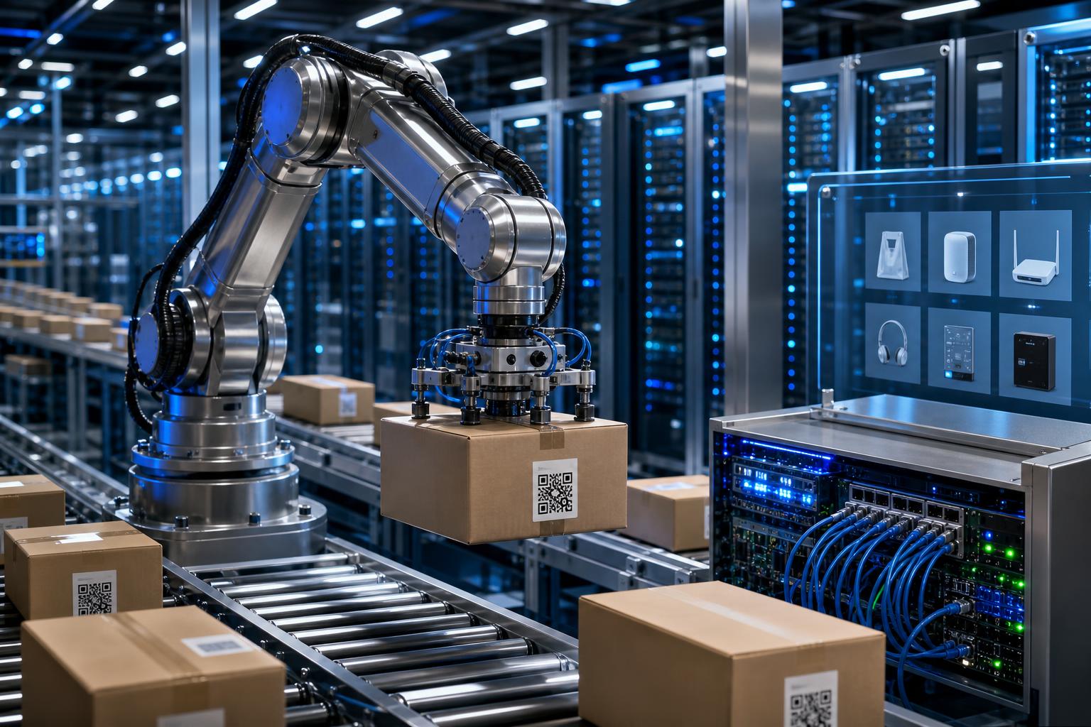 Ein Roboterarm greift ein Paket mit QR-Code auf einem Förderband in einer Logistikhalle, während Server-Racks und ein