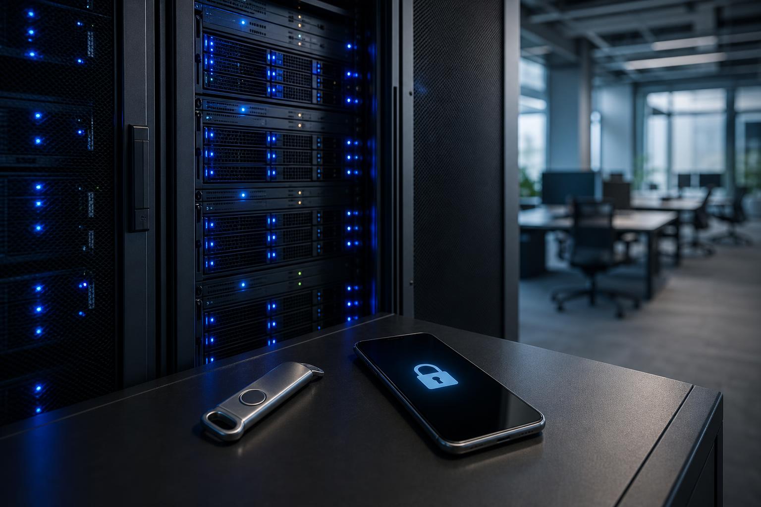 Ein Server-Rack mit blinkenden blauen LEDs steht in einem modernen Büro, daneben liegen ein Hardware-Token und ein