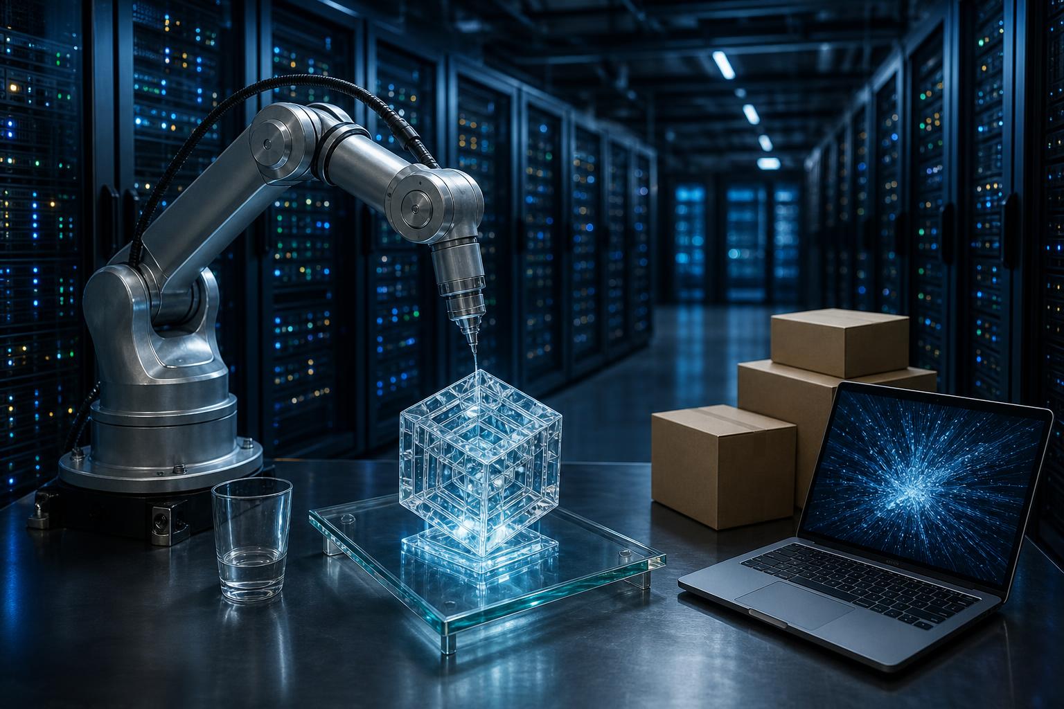 Ein Industrieroboterarm formt einen leuchtenden, transparenten Würfel aus Harz auf einer Glasplatte in einem Serverraum mit