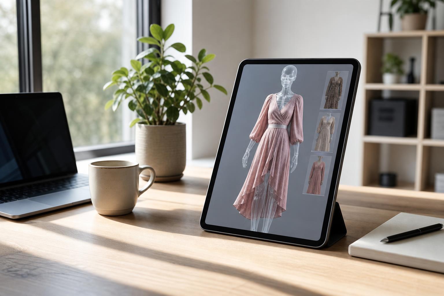 Ein Tablet zeigt eine virtuelle Anprobe mit einem 3D-Skelett in einem rosa Kleid und weiteren Auswahloptionen, auf einem
