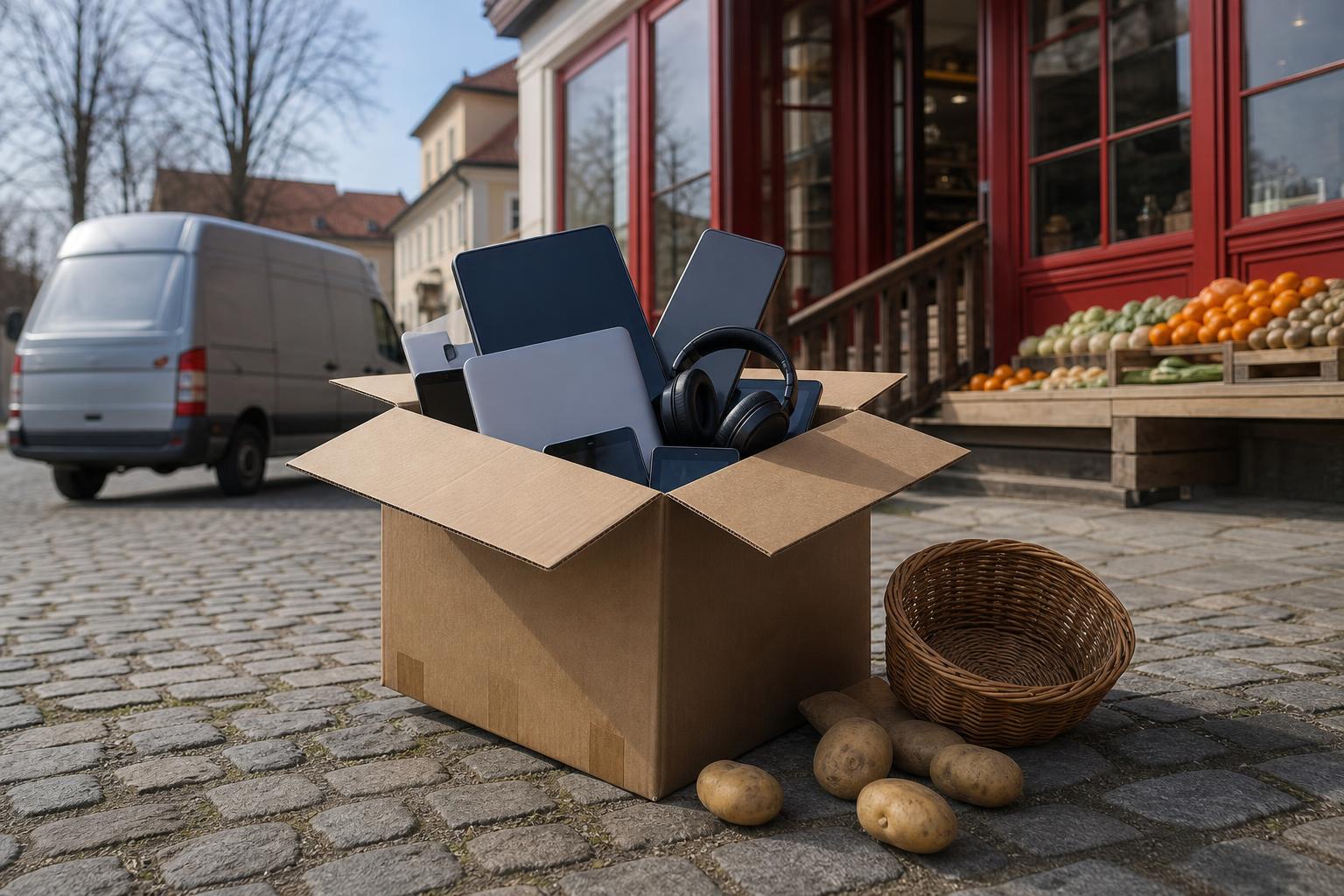 Ein offener Karton mit Elektronikgeräten steht vor einem Supermarkt, daneben liegen ein leerer Brotkorb und Kartoffeln.