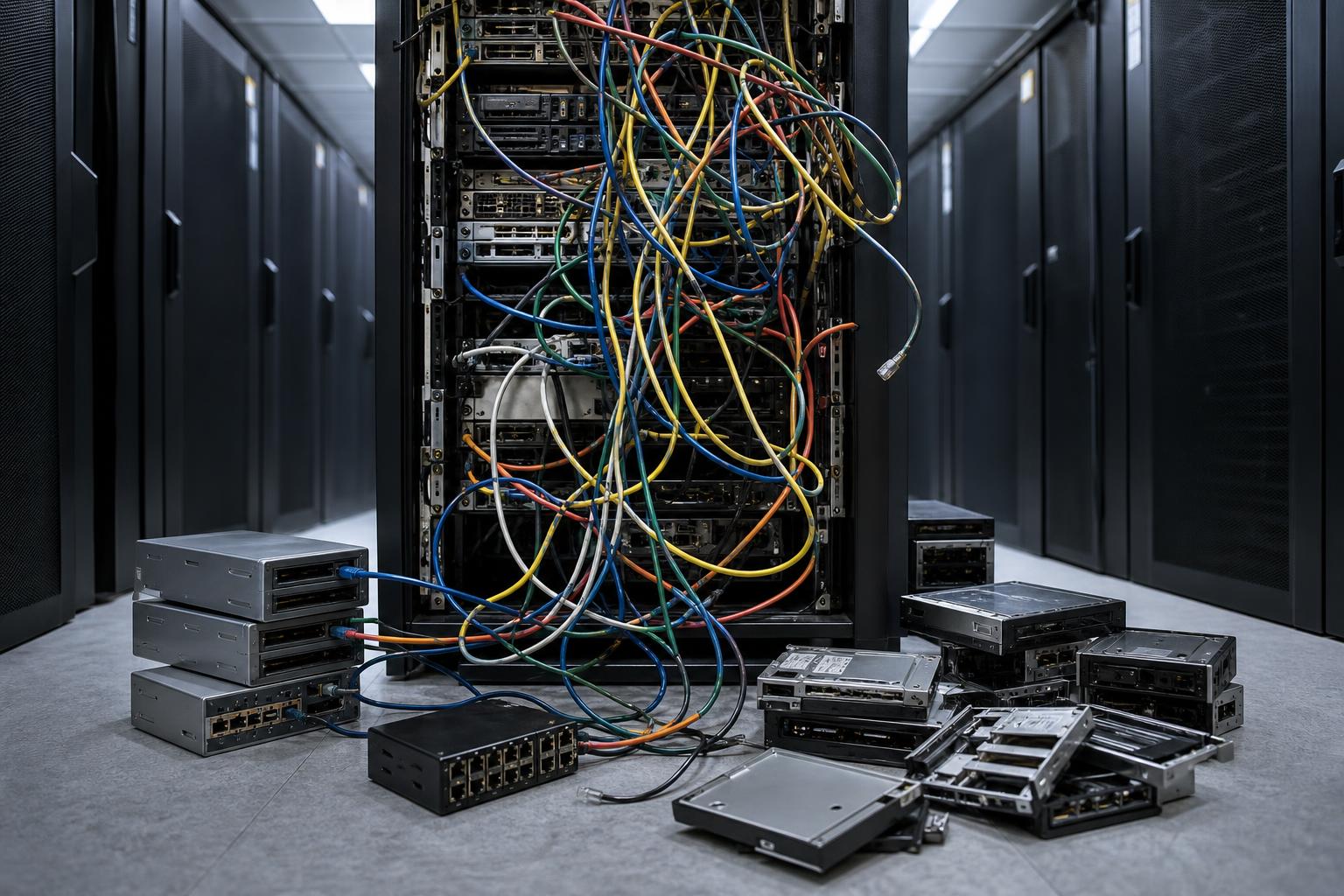 Überfülltes Server-Rack in einem Datenzentrum mit vielen Kabeln und verstreuten Festplatten-Hüllen auf dem Boden.