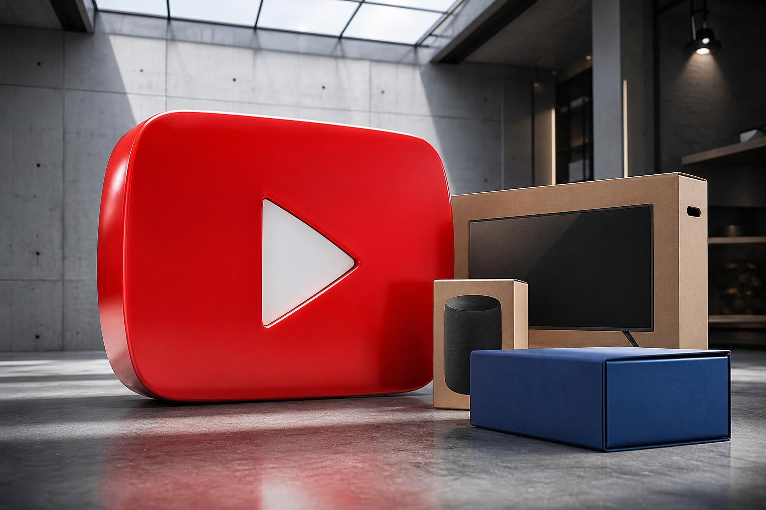 Ein rotes YouTube-Play-Symbol steht im Zentrum neben Kartons mit einem Fernseher, einem Smart-Home-Gerät und einem Buch in