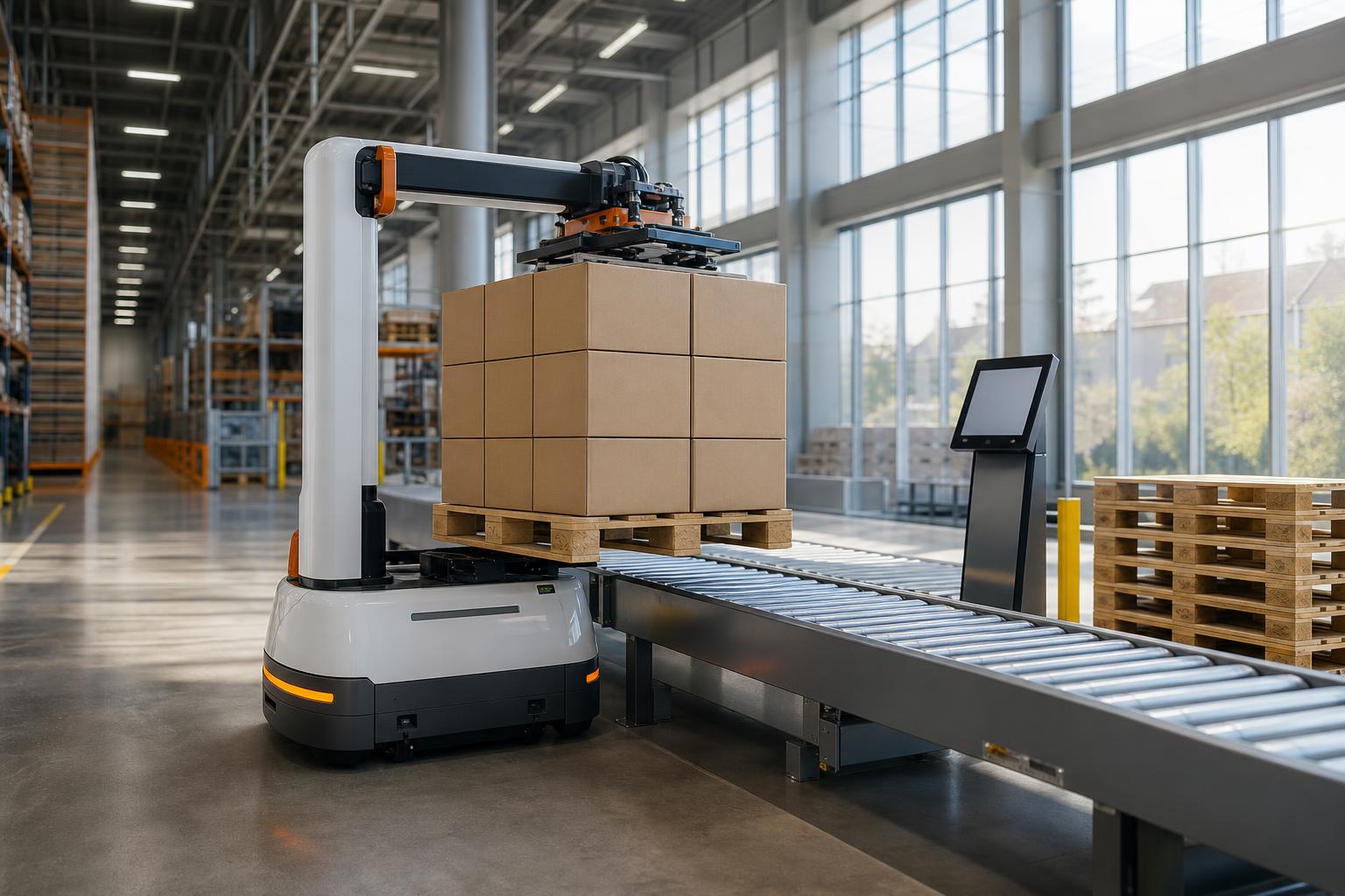 Ein autonomer Förderroboter lädt eine Palette mit Kartons auf ein Förderband in einem modernen Lager.